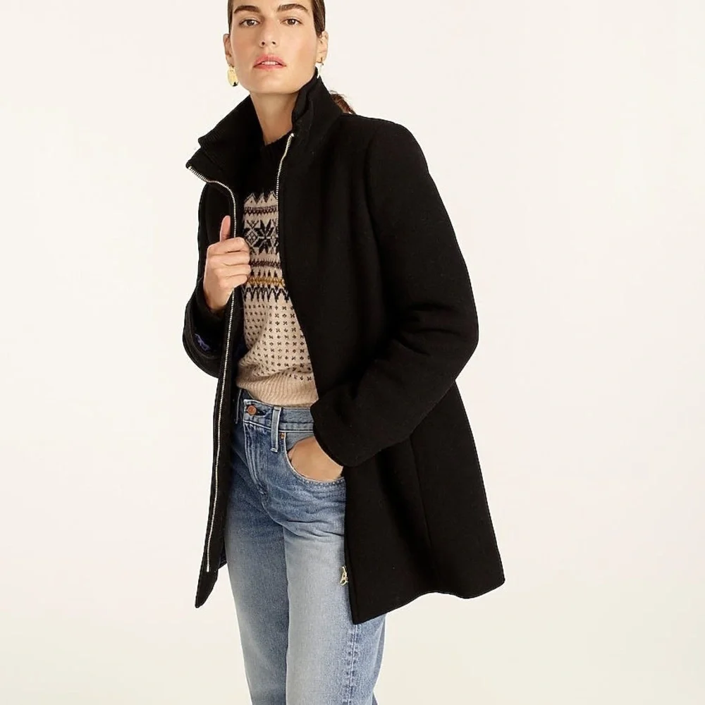 J.Crew Black Lodge Coat in Italian Stadium-Cloth Wool Sz 0